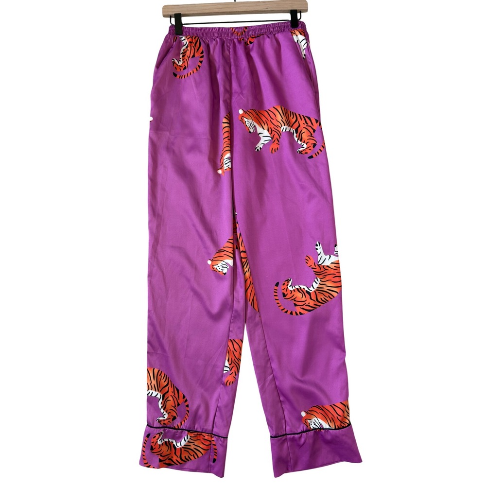 Nasty Gal Purple Tiger Print Satin Pajama Pants Elastic Waist Straight Leg US 4